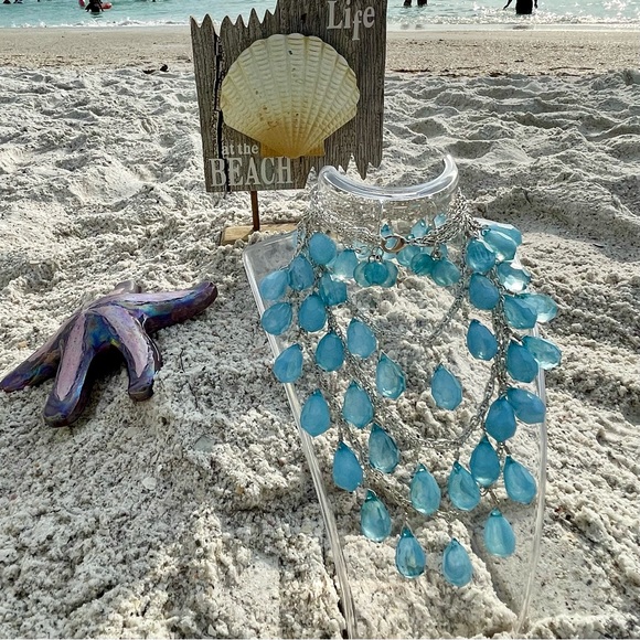 Set Of Earrings & Necklace Blue Raindrop Teardrop Acrylic Multi-layered 24"+3" - Picture 1 of 8